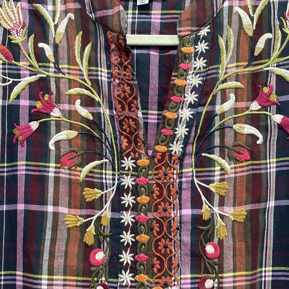 Johnny Was Top Rosalva Paris Blouse Plaid Embroidered Workshop Boho Women's XS